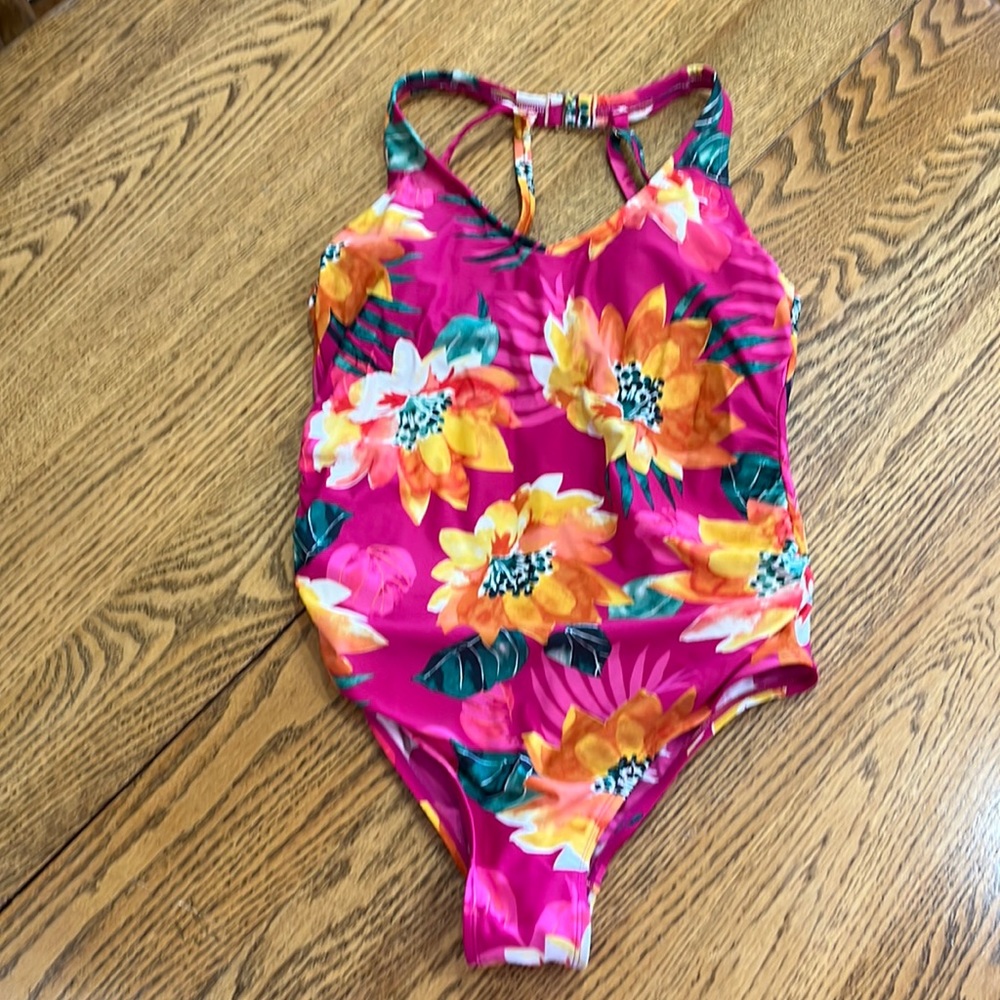 Kona Sol pink floral one piece swimsuit 14W